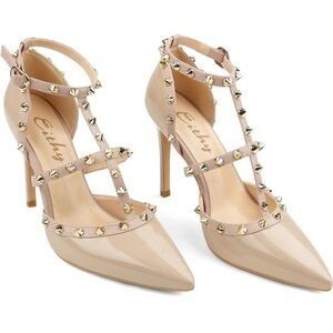 New tan patent leather formal Heels Strappy  Studs Pointed Toe shoes Sz 7.5